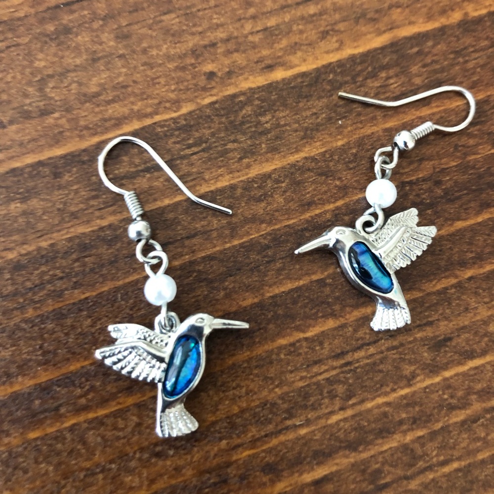 Silver fishhook hummingbird earrings brand new